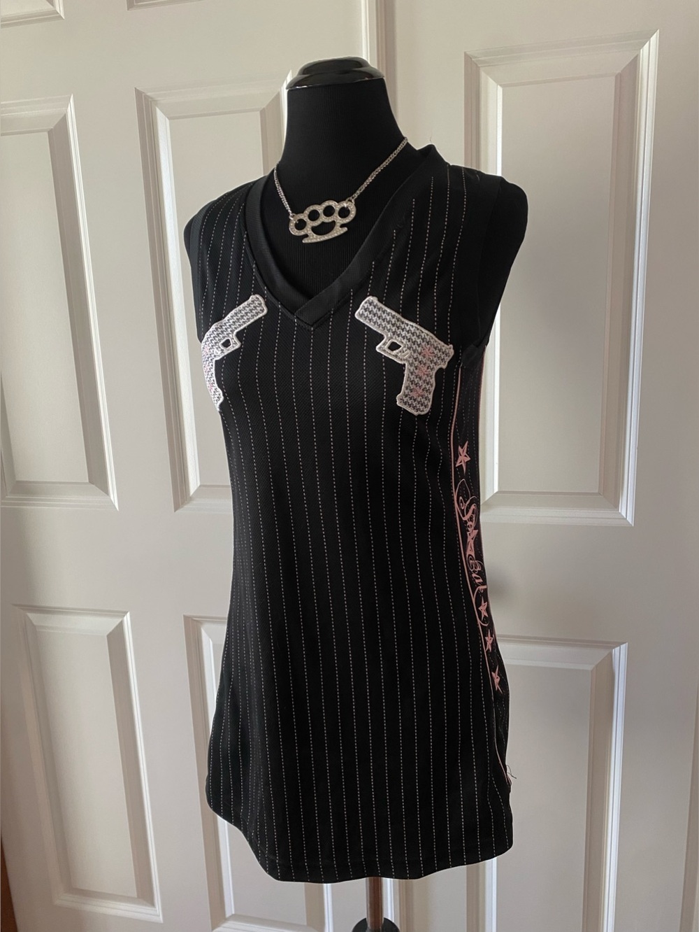 Y2k SoCal Black & Pink Pinstriped Jersey Dress with Glock Design